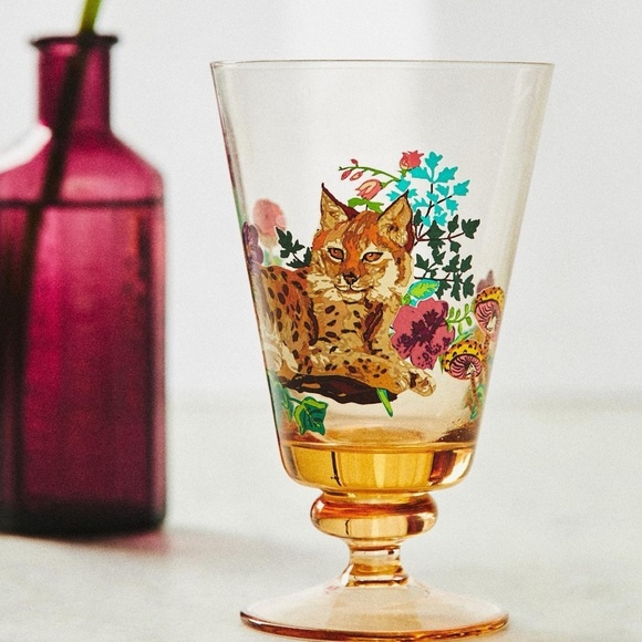 NW Set /4  Anthropologie Nathalie Lete Marais Glass Wine Goblet Lynx - Picture 1 of 4